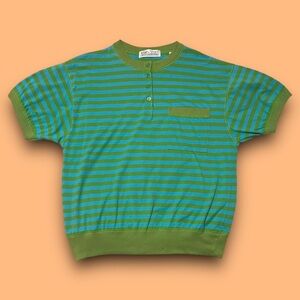 Vintage Blue Green Striped Rugby Top Size Medium Eclectic Twee Retro